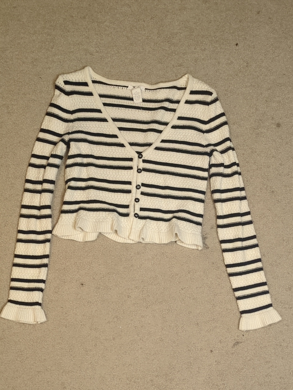 Striped V-Neck Ruffle Hem Sweater Cardigan - White & Black